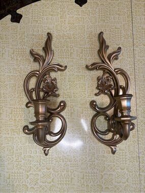 Vintage Ornate Bronze Floral Wall Candle Holders - Pair